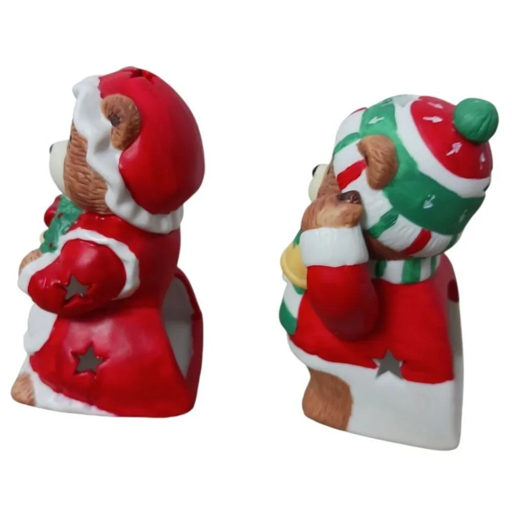 Vintage Christmas Bear Candle Holders Festive Holiday Decor Ceramic Multicolor